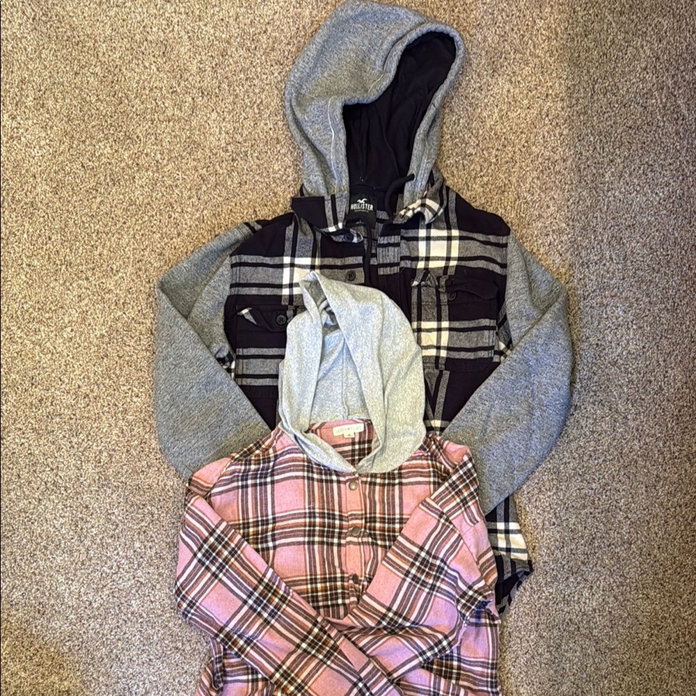 Hollister Pink and Gray Plaid Hoodie Sweatshirt